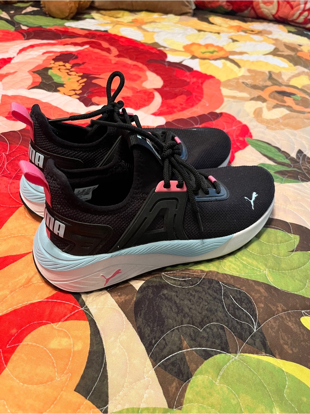 7.5 Puma Women’s Black Athletic Sneakers with Pink and Light Blue Accents